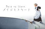  1girl apron blonde_hair english_text grass maid maid_apron maid_headdress mixed-language_text original shoes short_hair skateboard skateboarding skating_rink sneakers solo suzushiro_(suzushiro333) white_background 