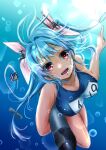  1girl blue_hair blush breasts hair_ribbon highres i-19_(kancolle) kantai_collection large_breasts long_hair mizuya_chiharu name_tag one-piece_swimsuit open_mouth red_eyes ribbon school_swimsuit smile solo swimsuit torpedo tri_tails twintails underwater 