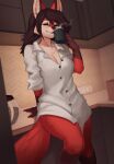  2021 anthro beverage black_hair bottomless breasts canid canine carmine_(foxovh) cleavage clothed clothing coffee container cup digital_media_(artwork) dress_shirt female fox fur hair hi_res looking_at_viewer mammal red_body red_fur shirt shirt_only smile solo topwear topwear_only white_clothing white_shirt white_topwear woolrool yellow_eyes 