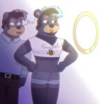  alan_(tonycomics) alex_(tonycomics) anonymous_artist anthro black_bear black_hair clothing girly glass hair handwear hi_res male mammal mirror moon_bear shirt solo surprise t-shirt tonycomics topwear ursid ursine 