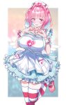  1girl absurdres angel_wings apron aqua_dress armband bangs blurry blurry_background blush bob_cut breasts choker collarbone colored_inner_hair dress ease_yana_(airse_yana) fang frilled_apron frilled_dress frilled_wristband frills hair_intakes hat heart heart_hands heart_on_chest heart_print highres idolmaster idolmaster_cinderella_girls idolmaster_cinderella_girls_starlight_stage large_breasts leg_up light_blue_hair looking_at_viewer mary_janes multicolored_hair multicolored_stripes nurse_cap open_mouth petticoat pinafore_dress pink_choker pink_eyes pink_footwear pink_hair pocket raised_eyebrows red_stripes shoes short_sleeves solo sparkle_print striped striped_legwear thighhighs thighs two-tone_hair white_background white_stripes wings wrist_cuffs wristband yumemi_riamu zipper_pull_tab 