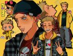  1boy absurdres beanie blonde_hair blue_eyes breaking_bad cigarette denim facial_hair hat highres hood hoodie huyandere jeans jesse_pinkman male_focus open_clothes open_hoodie pants shirt smoking sunglasses t-shirt 