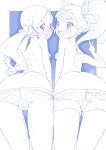  2girls ass back bangs bent_over blue_theme blush breasts commentary denim denim_shorts from_behind glasses hair_ribbon hanasaki_tsubomi heartcatch_precure! highres leaning_forward long_hair looking_at_viewer looking_back low_twintails lowleg lowleg_shorts micro_shorts miyagoe_yoshitsuki monochrome multiple_girls natsuumi_manatsu nipples no_panties open_mouth outside_border precure ribbon rimless_eyewear round_eyewear series_connection shorts side-by-side side_ponytail small_breasts smile standing topless tropical-rouge!_precure twintails v 