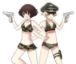  2girls akiyama_yukari bikini bikini_skirt blonde_hair breasts brown_eyes brown_hair camouflage camouflage_bikini closed_mouth commentary erwin_(girls_und_panzer) girls_und_panzer green_bikini green_headwear gun halterneck hand_on_hip handgun hat holding holding_gun holding_weapon locked_arms medium_breasts messy_hair military_hat multiple_girls navel open_mouth peaked_cap pointy_hair ri_(qrcode) simple_background smile swimsuit thigh_pouch thigh_strap weapon white_background 