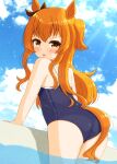  1girl :p animal_ears ass azuma_satsuki blue_swimsuit brown_eyes brown_hair cloud ear_ribbon highres horse_ears horse_girl horse_tail long_hair looking_at_viewer mayano_top_gun_(umamusume) one-piece_swimsuit outdoors pool poolside school_swimsuit sky smile solo swimsuit tail thighs tongue tongue_out two_side_up umamusume wading water 