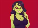  1girl alternate_form bad_end banjo-kazooie black_hair breasts cleavage colored_skin green_skin gruntilda_winkybunion hand_up large_breasts long_hair looking_at_viewer parted_lips red_background red_eyes simple_background skippyrip smile solo 