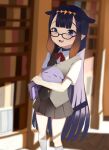  1girl :3 :d =_= absurdres alternate_costume bangs bespectacled black-framed_eyewear black_vest blue_eyes blunt_bangs blurry blurry_background blush book bookshelf bow brown_skirt commentary english_commentary fang glasses gradient_hair grimoire highres holding holding_book hololive hololive_english indoors long_hair multicolored_hair ninomae_ina&#039;nis orange_hair pleated_skirt pointy_ears purple_hair red_bow school_uniform shirt short_sleeves shuwe001 sidelocks skirt smile socks sunlight takodachi_(ninomae_ina&#039;nis) tentacle_hair tentacles uniform very_long_hair vest virtual_youtuber white_shirt white_socks wing_collar younger 