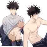  2boys abs absurdres bangs belt black_hair black_pants blush closed_mouth collarbone fushiguro_megumi green_eyes hair_between_eyes highres itadori_yuuji jacket jacket_partially_removed jujutsu_kaisen lifted_by_another long_sleeves male_focus multiple_boys navel nipples pants pectorals pink_hair shirt short_hair simple_background solo_focus somwang_07 spiked_hair stomach symbol-only_commentary toned toned_male topless_male undercut undressing white_background white_shirt yaoi 