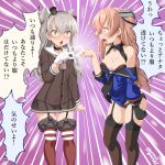  2girls amatsukaze_(kancolle) artist_name black_thighhighs breasts brown_hair cleavage dated dd_(ijigendd) garter_straps gloves grey_hair heart highres johnston_(kancolle) kantai_collection medium_breasts multiple_girls open_mouth purple_background red_thighhighs speech_bubble surprised thighhighs translation_request two_side_up yellow_eyes 