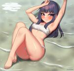  1girl akari_(pokemon) armpits arms_up ass bandages bangs bare_arms bare_shoulders barefoot black_eyes black_hair blush breasts chest_sarashi cleavage commentary_request commission full_body fundoshi hand_on_forehead japanese_clothes knees_up kuroonehalf long_hair looking_at_viewer lying medium_breasts on_back parted_lips pokemon pokemon_(game) pokemon_legends:_arceus sarashi shiny shiny_skin sidelocks smile solo teeth toes water wet 