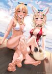  2girls ahoge animal_ear_fluff animal_ears barefoot bikini black_hair blonde_hair blue_bow bow breasts breasts_apart casino_(casinoep) elf feet fox_ears fox_girl fox_tail hair_ornament highres hololive long_hair medium_breasts multicolored_hair multiple_girls omaru_polka one-piece_swimsuit pink_hair pointy_ears purple_eyes red_eyes red_swimsuit shiranui_flare soles streaked_hair swimsuit tail toes v-shaped_eyebrows white_bikini white_hair x_hair_ornament 