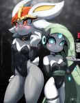 anthro biped blush breasts cinderace clothed clothing duo embarrassed eyelashes female generation_5_pokemon generation_8_pokemon hair hi_res larger_female legendary_pokemon looking_at_viewer meloetta nintendo pokemon pokemon_(species) pupils rilex_lenov simple_background size_difference small_breasts smaller_female smile thick_thighs three-quarter_view