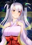  1girl ahoge alternate_costume alternate_eye_color azur_lane bangs black_ribbon blush bow breasts closed_mouth commentary eyebrows_hidden_by_hair gekato grey_hair hair_between_eyes hair_ribbon hakama hands_on_own_chest highres japanese_clothes kimono large_breasts long_hair looking_at_viewer multicolored_hair paid_reward_available parted_bangs pink_kimono prinz_eugen_(azur_lane) red_bow red_hair red_hakama ribbon sash sky smile solo star_(sky) starry_background starry_sky streaked_hair tanabata two-tone_hair two_side_up upper_body yellow_eyes 