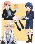  3girls :d alternate_costume alternate_hairstyle aqua_eyes argyle_clothes argyle_socks black_footwear black_jacket black_shorts black_socks black_suit blonde_hair blue_eyes blue_hair blue_jacket blue_shorts blue_suit book bookmark border bow bowtie braid brown_footwear closed_mouth collared_shirt commentary crossed_bangs cup dress_shirt fang feet_out_of_frame full_body glasses gradient_hair green_bow green_bowtie grey_sweater hair_between_eyes hair_over_shoulder hand_in_pocket highres hinoshita_kaho holding holding_book holding_tray indian_style invisible_chair jacket kanduki_kamibukuro kneehighs legwear_garter link!_like!_love_live! loafers long_braid long_hair long_sleeves love_live! low_twintails medium_hair multicolored_hair multiple_girls murano_sayaka neck_ribbon necktie open_clothes open_jacket open_mouth orange_hair osawa_rurino outline outside_border pink_ribbon pinstripe_background pinstripe_socks red_necktie ribbon semi-rimless_eyewear shirt shoes short_twintails shorts sideways_mouth single_braid sitting skin_fang smile socks standing suit suit_jacket suspender_shorts suspenders sweater three_quarter_profile tray twintails under-rim_eyewear v-shaped_eyebrows virtual_youtuber white_border white_outline white_shirt yellow_background 