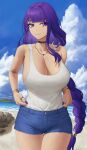  1girl bangs braid breasts choker cleavage cloud denim denim_shorts genshin_impact highres large_breasts long_hair looking_at_viewer mole mole_under_eye nail_polish ocean purple_eyes purple_hair raiden_shogun shirt shorts sky sleeveless sleeveless_shirt smile solo very_long_hair white_shirt zaphn 