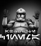 1boy absolute_cinema_(meme) armor arms_up artist_name aurebesh black_gloves gloves highres honni_david meme sitting solo star_wars stormtrooper white_armor 