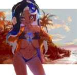  1girl absurdres breasts cephalopod_eyes colored_skin dark-skinned_female dark_skin hideyoshi_(swliyhbpe9xqqze) highres large_breasts marina_(splatoon) mole mole_under_mouth multicolored_skin navel_piercing no_bra piercing pink_pupils solo splatoon_(series) splatoon_2 suction_cups tentacle_hair 