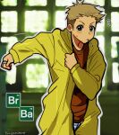  1boy blonde_hair blue_eyes breaking_bad cigarette dressing earrings facial_hair highres huyandere jesse_pinkman jewelry jumpsuit logo male_focus ring shirt short_hair solo t-shirt 