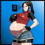  1girl absurdres big_belly blue_eyes breasts brown_hair claire_redfield cowboy_shot fingerless_gloves fungus-man gloves hands_on_own_hips high_ponytail highres large_breasts midriff navel open_fly ponytail pout pregnant resident_evil self-upload short_shorts shorts solo 