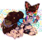 abstract_background accessory alternative_fashion ambiguous_gender beaded_jewelry beads black_hair blue_body blue_fur bodily_fluids bound bracelet canid canine chain claws collar cute_fangs digital_drawing_(artwork) digital_media_(artwork) drooling fangs feral fur furgonomics hair hair_accessory hair_over_eyes hairclip hands_restrained hands_tied harness hi_res jewelry kandi_(jewelry) leather leather_harness mammal multi_tail multicolored_body multicolored_fur multicolored_hair necklace pawpads paws rainbow_body rainbow_fur rainbow_hair restrained_legs saliva scene_(fashion) scene_haircut solo somberpaw sparklefur spiked_collar spikes standing star striped_body striped_fur stripes tail tail_accessory tail_jewelry teeth