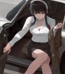  1girl absurdres alternate_costume aston_martin_db5 black_hair black_skirt breasts brown_jacket car cleavage commentary ground_vehicle hairband highres holding holding_clothes holding_jacket jacket ko-ma large_breasts long_hair long_sleeves motor_vehicle office_lady open_door opening_door pencil_skirt red_eyes sidelocks sitting skirt solo sports_car spy_x_family thighs white_hair white_hairband yor_briar 