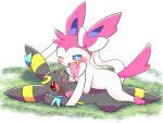  after_kiss ambiguous_gender black_body blue_eyes blush bodily_fluids duo eeveelution feral kissing lying nintendo one_eye_closed open_mouth pok&eacute;mon pok&eacute;mon_(species) red_eyes saliva saliva_string simple_background sylveon umbreon video_games white_background white_body 