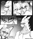  2017 anthro bodily_fluids canid canine clothing comic dragon english_text female fox group hair hi_res horn if_hell_had_a_taste jewelry male mammal monochrome muscular muscular_anthro muscular_male necklace open_mouth owl_(viroveteruscy) ponytail scales scar shirt skylar_fidchell sweat text tiffany_brewwer topwear trio viroveteruscy 