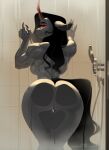 anthro anthrofied big_butt black_body black_hair black_tail breasts butt crossgender equid equine evehly female fingers friendship_is_magic hair hasbro horn inviting king_sombra_(mlp) long_hair looking_at_viewer looking_back mammal mtf_crossgender my_little_pony mythological_creature mythological_equine mythology red_eyes shower signature solo tail text unicorn unicorn_horn url wet