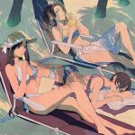  3girls aerith_gainsborough ass bangs barefoot beach beach_chair beach_towel bikini blue_bikini blue_eyes book braid breasts brown_hair chair collarbone cup drinking drinking_straw final_fantasy final_fantasy_vii final_fantasy_vii_remake floral_print flower food hair_flower hair_ornament hat highres lanimaiu large_breasts long_braid long_hair long_legs looking_down looking_to_the_side lounge_chair lying medium_breasts midriff multiple_girls navel on_stomach parasol parted_bangs popsicle reading round_eyewear short_hair sitting sun_hat sunglasses swimsuit thighs tifa_lockhart toes towel umbrella white_bikini yuffie_kisaragi 