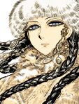 1girl a-king black_hair closed_mouth coat ear_piercing earrings fur-trimmed_coat fur-trimmed_headwear fur_trim grey_eyes hat highres jewelry lipstick long_braid looking_at_viewer makeup otoyomegatari piercing 