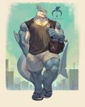 ail anthro bottomwear bulge clothing digital_drawing_(artwork) digital_media_(artwork) fin fin_piercing fish footwear furgonomics furry-specific_piercing hi_res male marine muscular muscular_anthro muscular_male piercing sandals shan_yao_jun shark shirt shoes shorts solo tail tank_top topwear