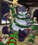 anthro belly big_belly bottomwear bound christmas christmas_clothing christmas_decorations christmas_headwear christmas_lights clothing feet floor garland green_bottomwear green_clothing green_eyes green_pants green_shirt green_topwear group hat headgear headwear hi_res holidays inside ladder male mammal mustelid night otter otter_tail pandottermon pants procyonid raccoon race_raccoon red_bottomwear red_christmas_ornament red_clothing red_shorts santa_hat shirt shorts sky snow star starry_sky topwear unimpressed window wood wood_beams wood_floor yellow_christmas_ornament