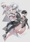  2b_(nier:automata) 2p_(nier:automata) barefoot bodysuit breasts detached_sleeves full_body highres leotard mask nier_(series) nier_reincarnation short_hair sideboob thighs to_te_na torn_clothes undressing white_hair 