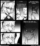  2017 anthro bodily_fluids bottomwear canid canine clothing comic dragon english_text female fox group hair hi_res if_hell_had_a_taste jewelry male mammal midriff monochrome muscular muscular_anthro muscular_male necklace open_mouth owl_(viroveteruscy) ponytail scales scar skylar_fidchell stairs sweat text tiffany_brewwer topwear trio viroveteruscy 