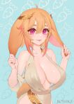  1girl animal_ears artist_name bare_shoulders blue_background bonnie_(bunny_gif) boshke breasts cleavage dress floppy_ears hair_between_eyes highres holding_ears indie_virtual_youtuber large_breasts looking_at_viewer no_bra orange_hair patterned_background purple_eyes rabbit_ears rabbit_tail smile solo tail tongue tongue_out virtual_youtuber white_dress 