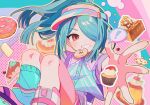  ! 1boy ? alternate_costume buttons caramel cherry chocolate chocolate_chip_cookie commentary cookie cupcake donut ebi_(shrimp_eleven) floating_hair food food_on_face fruit grin hair_over_one_eye hat heart inazuma_eleven inazuma_eleven_(series) kazemaru_ichirouta lace_collar looking_to_the_side male_focus multicolored_shirt one_eye_covered otoko_no_ko outstretched_arm pancake parted_hair pastel_colors pie pie_slice pink_hat ponytail pudding red_eyes short_sleeves smile solo speech_bubble spoken_question_mark sprinkles star_(symbol) strawberry symbol-only_commentary teeth visor_cap whipped_cream 