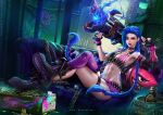  1girl artist_name bangs black_footwear black_gloves blue_hair braid breasts bullet cloud_tattoo couch fingerless_gloves fire from_side gloves heart highres holding_rocket_launcher javier_estrada jinx_(league_of_legends) league_of_legends long_hair looking_at_viewer nail_polish navel one_eye_closed pink_eyes shiny shiny_clothes shiny_skin shoes sitting smile solo stomach tongue tongue_out twin_braids w weapon 
