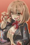  1girl amputee bangs black_jacket blazer blood blood_on_breasts blood_on_clothes blood_on_face blood_on_hands blood_on_leg blush bow bowtie breasts brown_hair cafe_no_zombi-ko censored cleavage collared_shirt commentary_request green_eyes highres indie_virtual_youtuber jacket large_breasts looking_at_viewer midriff mosaic_censoring open_clothes open_jacket open_mouth orange_background red_bow red_bowtie shirt shojin_say short_hair smile solo torn_clothes torn_jacket torn_shirt upper_body virtual_youtuber white_shirt zombie 