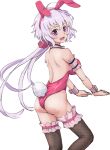  1girl animal_ears bare_shoulders blush breasts fishnets highres large_breasts long_hair looking_at_viewer looking_back playboy_bunny purple_eyes rabbit_ears senki_zesshou_symphogear suzunarisakuya twintails yukine_chris 