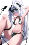  1girl absurdres arm_up armpits bangs bikini black_bikini black_choker blue_archive breasts choker dark-skinned_female dark_skin demon_tail eyewear_on_head grey_hair hair_over_one_eye halo highres iori_(blue_archive) iori_(swimsuit)_(blue_archive) long_bangs long_hair looking_at_viewer medium_breasts multi-strapped_bikini navel official_alternate_costume otakummm pointy_ears side-tie_bikini simple_background sitting solo string_bikini sunglasses swimsuit tail thigh_strap thighs twintails very_long_hair wet white_background 