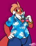 2025 5_fingers aloha_shirt amur_carp black_eyes blue_bottomwear blue_clothing blue_pants blue_shirt blue_topwear bottomwear carp cheek_fins clock clothing cosplay cute_fangs cyprinid cypriniform eyewear fangs felino fin fingerless_(marking) fingers fish hair hand_on_hip head_fin jotunneko koi looking_away marine orange_hair ov_anthro ov_male pants pattern_clothing pattern_shirt pattern_topwear pink_background pink_eyewear pink_sunglasses raised_hand red_body red_scales scales shirt simple_background smile smirk sunglasses teeth tommy_koi tommy_vercetti topwear typical_carp watch white_body white_scales wristwatch yellow_sclera