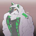  anthro canid canine canis clothing domestic_dog green_eyes hi_res hoodie husky jewelry lifewonders live-a-hero male mammal monomasa muscular muscular_anthro muscular_male necklace nordic_sled_dog pecs red_sclera solo spitz topwear video_games zenon_s2017 