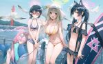  5girls :d animal_ear_fluff animal_ears ayane_(blue_archive) ayane_(swimsuit)_(blue_archive) bare_arms bare_shoulders bikini bird black_bikini black_hair blue_archive blue_bikini blue_jacket braid breasts cleavage collarbone day denim denim_shorts extra_ears eyewear_on_head frilled_bikini frills front-tie_bikini front-tie_top glasses green_eyes grey_hair grey_shorts halo halter_top halterneck hat highres hoshino_(blue_archive) hoshino_(swimsuit)_(blue_archive) inflatable_toy inflatable_whale jacket large_breasts medium_breasts micro_shorts multiple_girls navel nonomi_(blue_archive) nonomi_(swimsuit)_(blue_archive) open_mouth orange_eyes outdoors pink_hair pointy_ears red-framed_eyewear red_eyes seagull serika_(blue_archive) serika_(swimsuit)_(blue_archive) shiroko_(blue_archive) shiroko_(swimsuit)_(blue_archive) short_ponytail short_shorts shorts side-tie_bikini small_breasts smile standing stomach string_bikini striped striped_bikini sun_hat sunglasses surfboard swimsuit thighs ttutto white_headwear yellow_bikini 