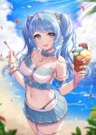  1girl aqua_eyes bare_shoulders bikini bikini_under_clothes blue_hair breasts choker cleavage collarbone commission cone_hair_bun cowboy_shot double_bun food hair_bun highleg highleg_bikini highres horns ice_cream jewelry long_hair looking_at_viewer miniskirt navel necklace niwatori_(satoru0201) ocean open_mouth original single_horn skeb_commission skirt smile solo spoon swimsuit thigh_strap twintails 