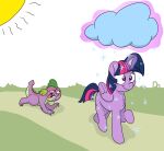  absurd_res bodily_fluids dragon equid equine feathers female feral friendship_is_magic hi_res horn magic male mammal my_little_pony pony-thunder purple_body purple_feathers snow snowing spike_(mlp) sun sweat twilight_sparkle_(mlp) winged_unicorn wings 