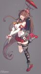  1girl absurdres asymmetrical_legwear black_socks black_thighhighs breasts brown_hair cherry_blossoms clothes_writing clothing_cutout collar commentary flower hair_between_eyes hair_flower hair_intakes hair_ornament headgear highres himeyamato holding holding_umbrella kantai_collection large_breasts long_hair metal_collar miniskirt oil-paper_umbrella open_mouth pleated_skirt ponytail red_eyes red_skirt sakuramon shoulder_cutout side_cutout sidelocks single_sock single_thighhigh skirt socks solo standing standing_on_one_leg thigh_strap thighhighs umbrella uneven_legwear very_long_hair yamato_(kancolle) yamato_kai_(kancolle) z_flag 