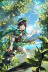  1boy bangs black_hair blue_hair bow branch bug butterfly cape castle closed_mouth cloud day genshin_impact gradient_hair grape_(pixiv27523889) green_eyes green_headwear hair_between_eyes hat highres leaf long_sleeves looking_at_viewer male_focus multicolored_hair outdoors sitting sky solo tree venti_(genshin_impact) water 