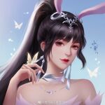  1girl alternate_costume animal_ears bare_shoulders black_hair blue_sky douluo_dalu earrings falling_petals jewelry looking_at_viewer necklace ornament petals ponytail rabbit_ears sky smile solo xiang_chenshui_yu_milu_shenlin xiao_wu_(douluo_dalu) 