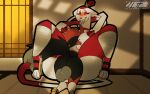  16:10 anthro balls clothing duo female footwear fur genitals hi_res johnithanial leg_markings male male/female markings mienshao nintendo nipples pok&eacute;mon pok&eacute;mon_(species) red_body red_fur red_nipples sandals socks_(marking) video_games widescreen 