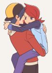  2boys arms_around_neck backwards_hat baseball_cap black_hair carrying carrying_person chueog closed_mouth dot_nose ethan_(pokemon) feet_out_of_frame frown grey_eyes hand_on_another&#039;s_back hat highres hood hood_down hooded_jacket hoodie jacket leg_lock long_sleeves male_focus medium_hair multiple_boys open_mouth pants parted_bangs pokemon pokemon_hgss purple_pants red_hair red_jacket silver_(pokemon) simple_background sleeve_cuffs vest white_background white_vest yaoi 